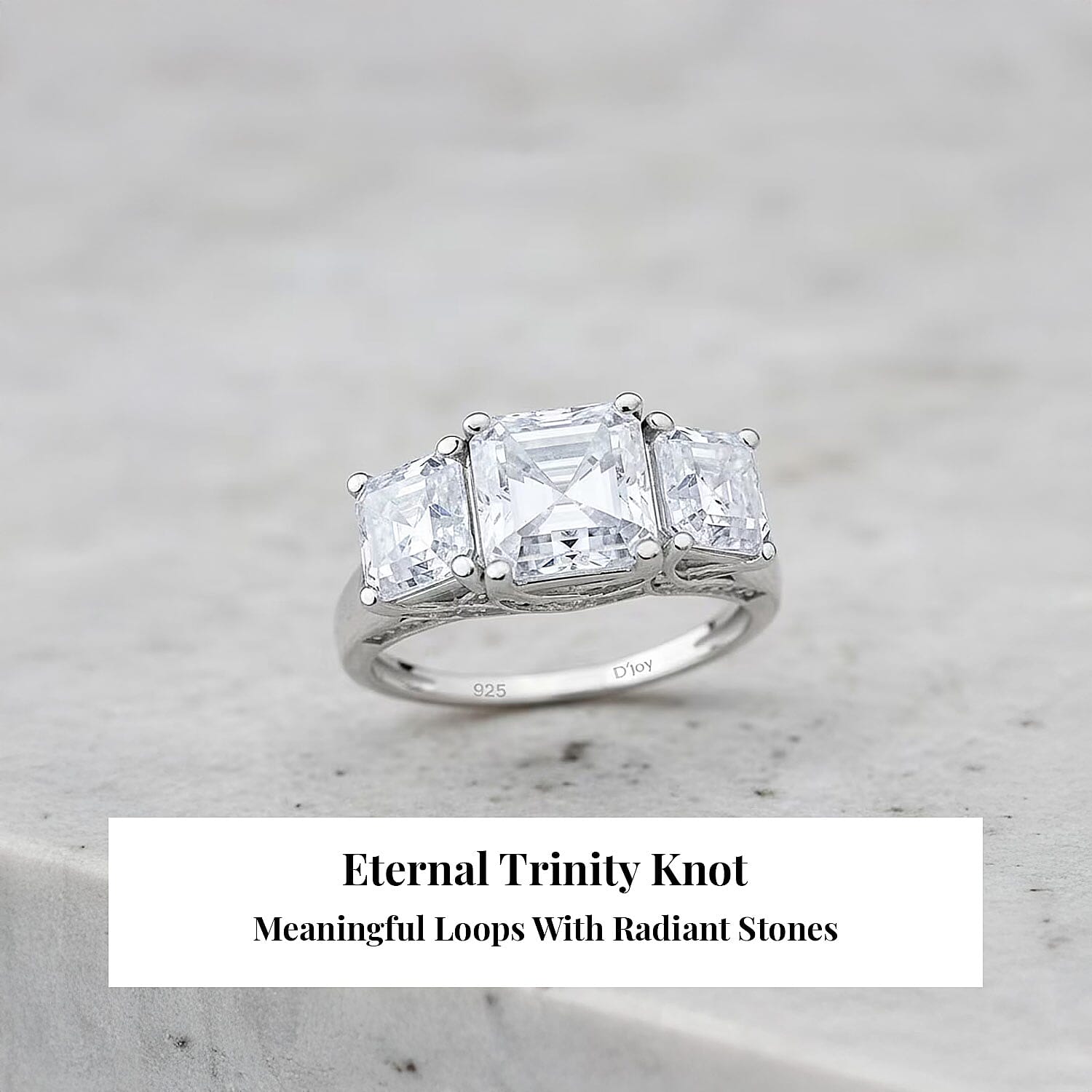 D'Joy Asscher Cut Moissanite 5.90 ctw Eternal Trinity Ring in Rhodium Over Sterling Silver (Size 7.0)
