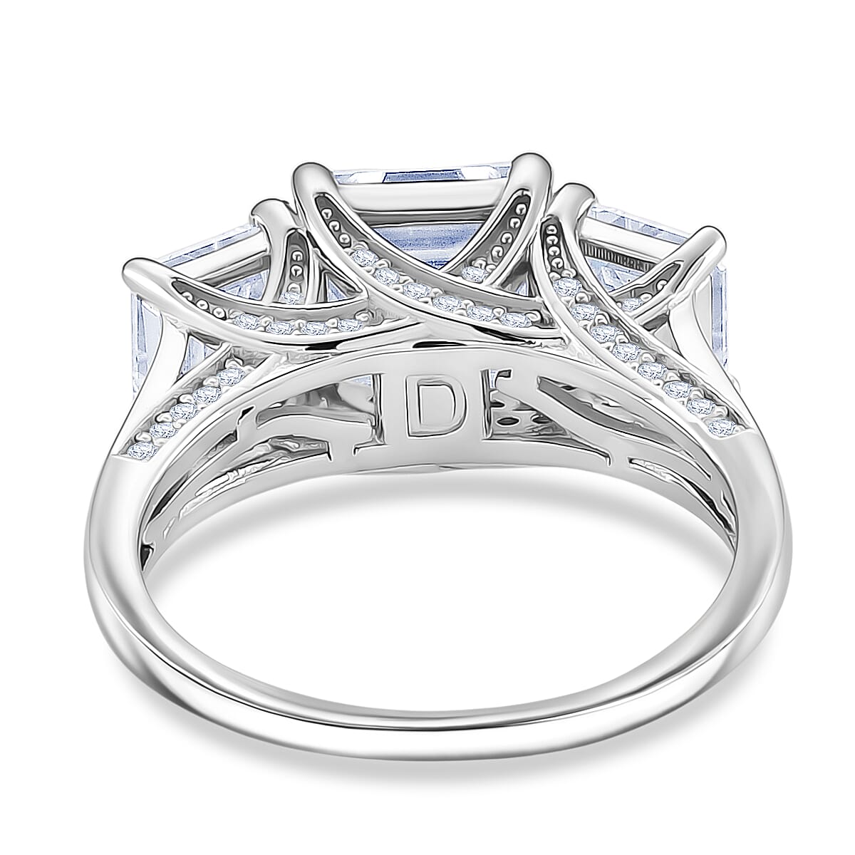 Doorbuster D'Joy Asscher Cut Moissanite 5.90 ctw Eternal Trinity Ring in Rhodium Over Sterling Silver (Size 7.0) image number 4
