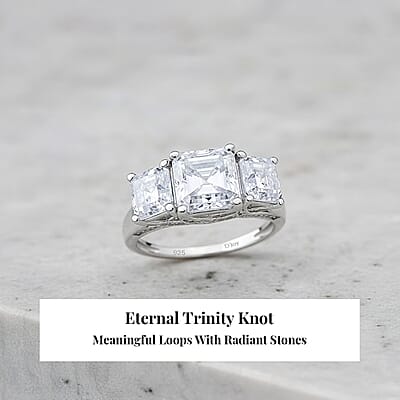 D'Joy Asscher Cut Moissanite 5.90 ctw Eternal Trinity Ring in Rhodium Over Sterling Silver (Size 7.0)