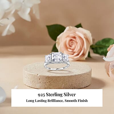 D'Joy Asscher Cut Moissanite 5.90 ctw Eternal Trinity Ring in Rhodium Over Sterling Silver (Size 7.0)