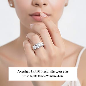 D'Joy  Asscher Cut Moissanite Trinity Ring in Rhodium Over Sterling Silver 5.90 ctw (Size 8.0)