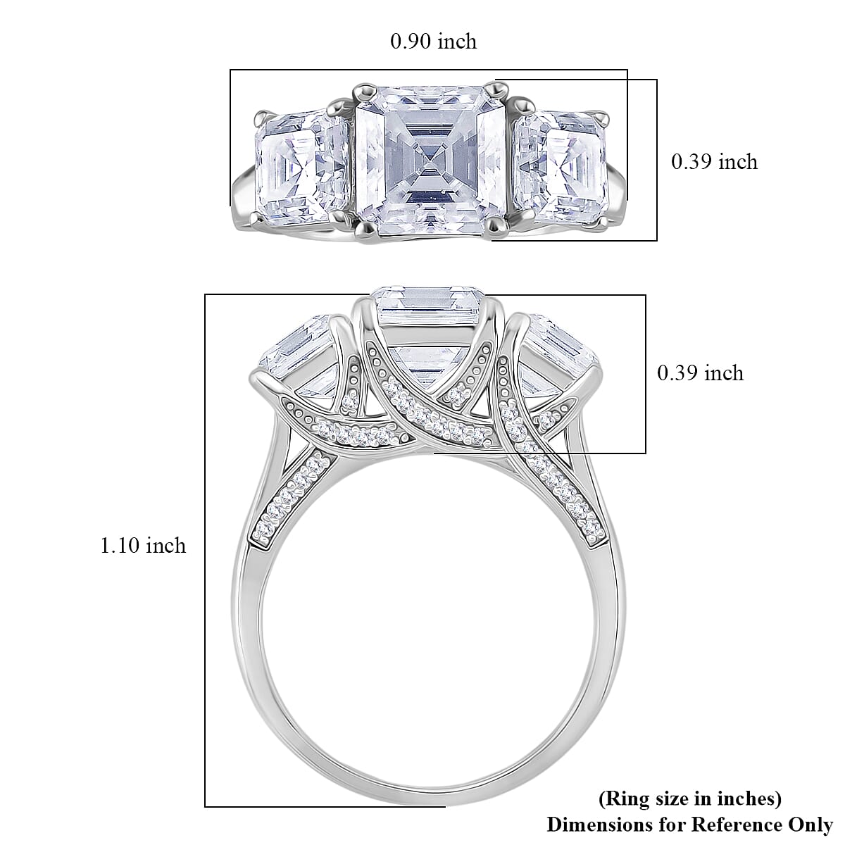Doorbuster D'Joy Asscher Cut Moissanite 5.90 ctw Eternal Trinity Ring in Rhodium Over Sterling Silver (Size 8.0) image number 5