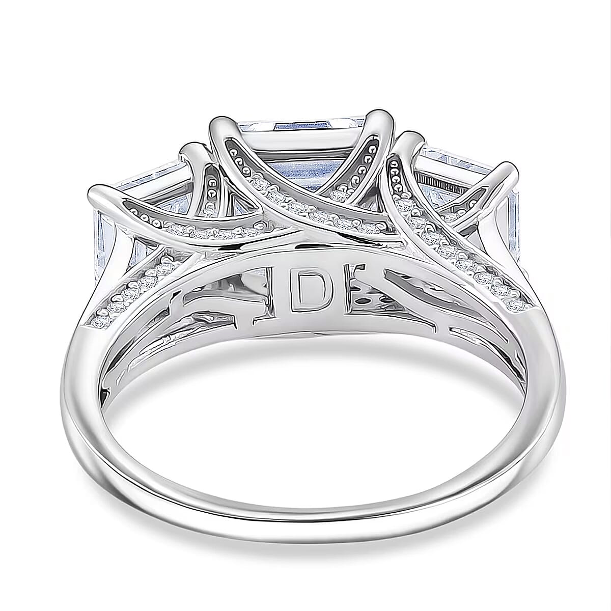 D'Joy  Asscher Cut Moissanite Trinity Ring in Rhodium Over Sterling Silver 5.90 ctw (Size 8.0) image number 7