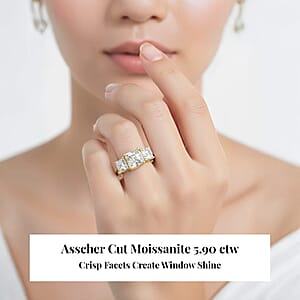  D'Joy Asscher Cut Moissanite 5.90 ctw Eternal Trinity Ring in 18K Vermeil Yellow Gold Over Sterling Silver (Size 6.0)