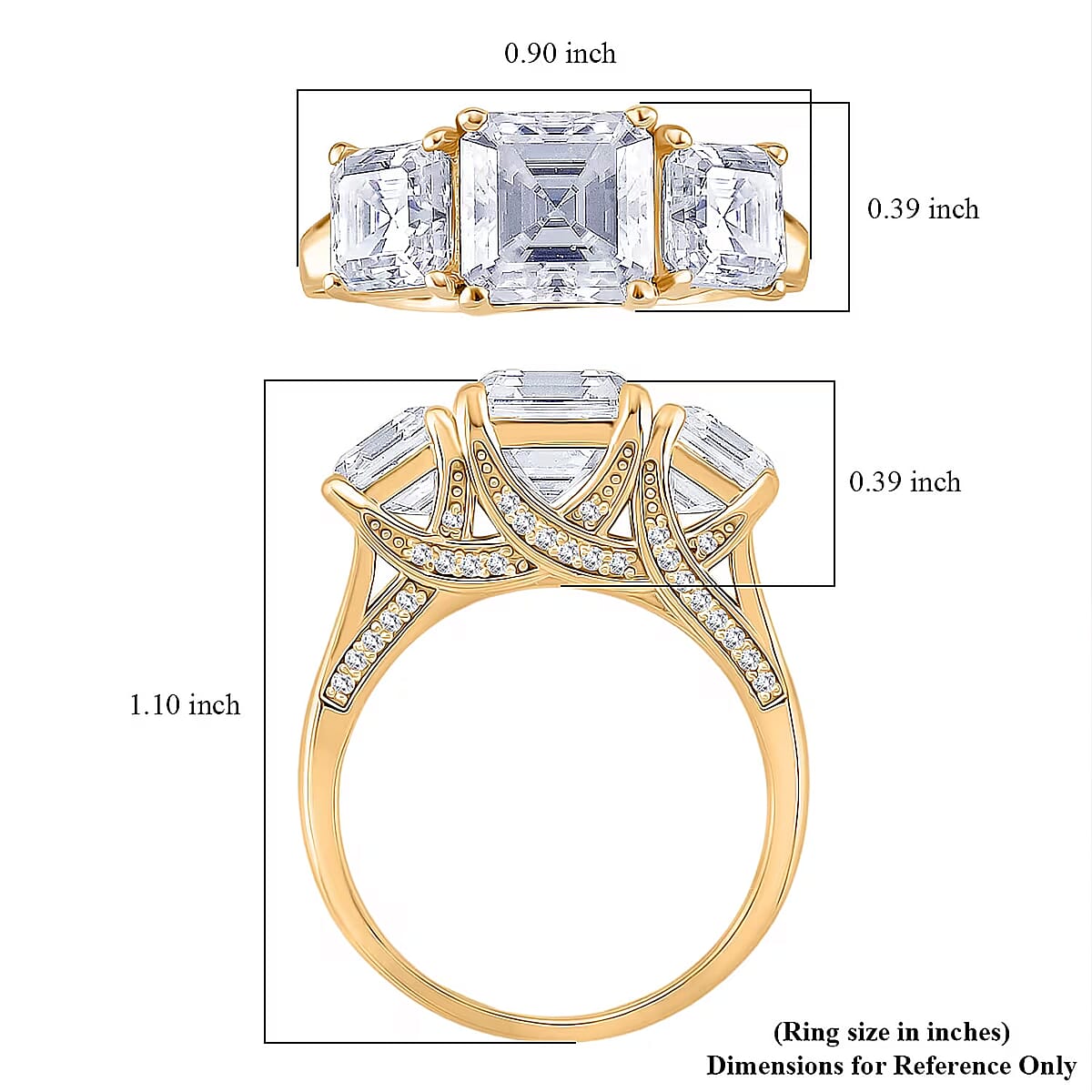  D'Joy Asscher Cut Moissanite 5.90 ctw Eternal Trinity Ring in 18K Vermeil Yellow Gold Over Sterling Silver (Size 6.0) image number 6