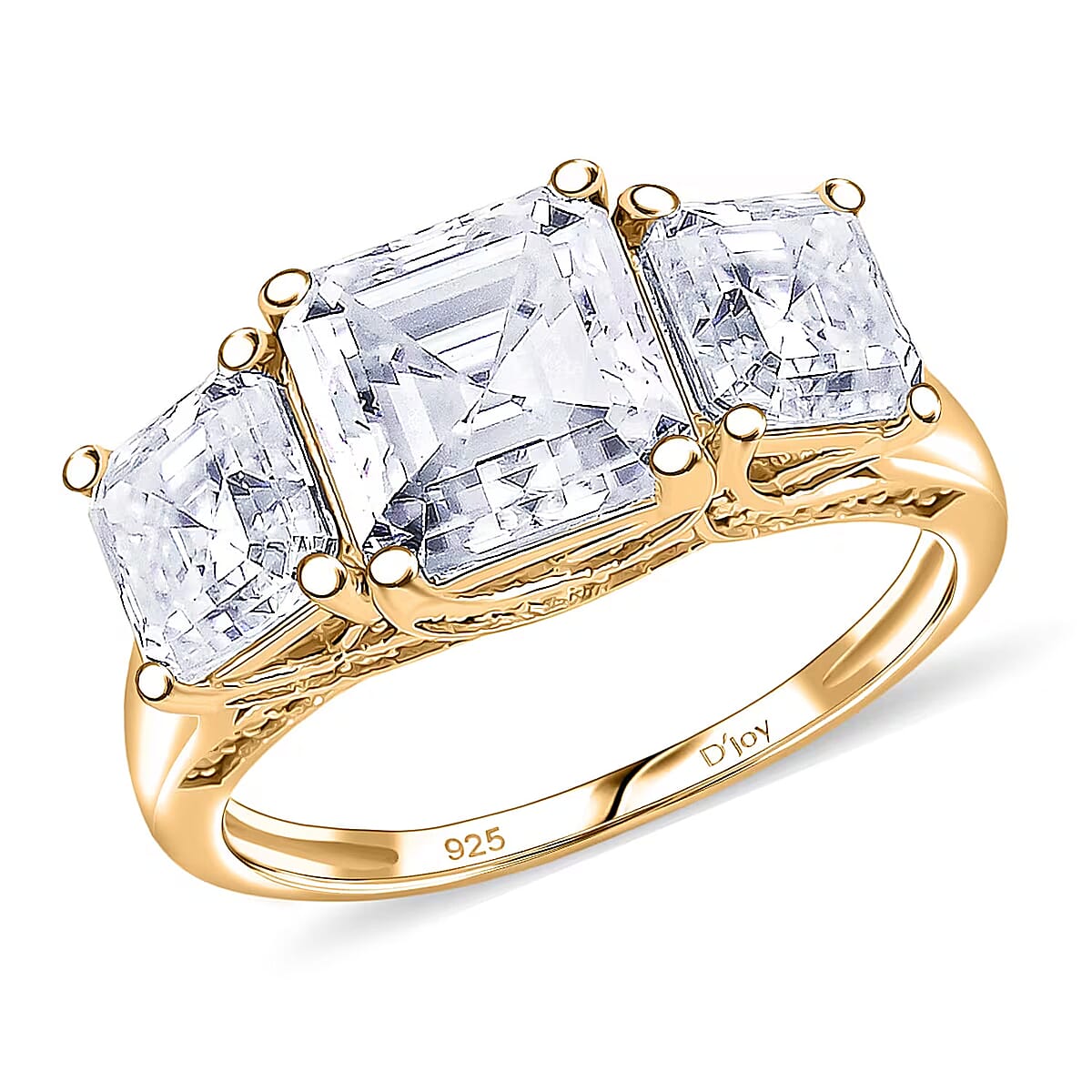  D'Joy Asscher Cut Moissanite 5.90 ctw Eternal Trinity Ring in 18K Vermeil Yellow Gold Over Sterling Silver (Size 9.0) image number 0