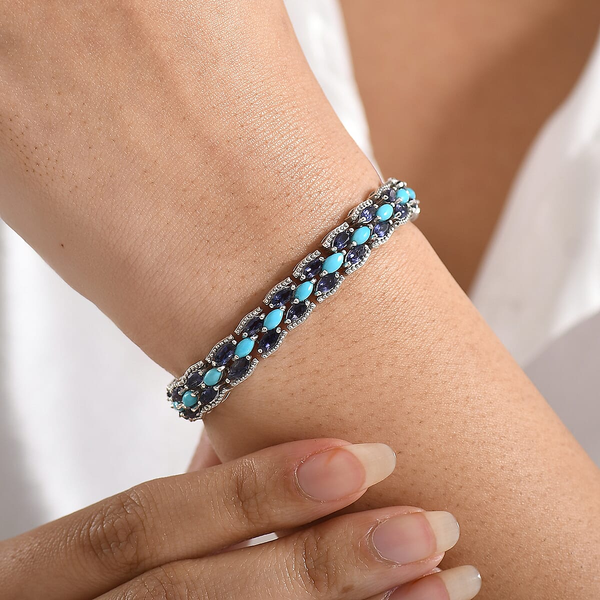 D'Joy Premium Sleeping Beauty Turquoise and Catalina Iolite 10.35 ctw Blue Majesty Bracelet in Rhodium Over Sterling Silve (8.00 In) image number 2