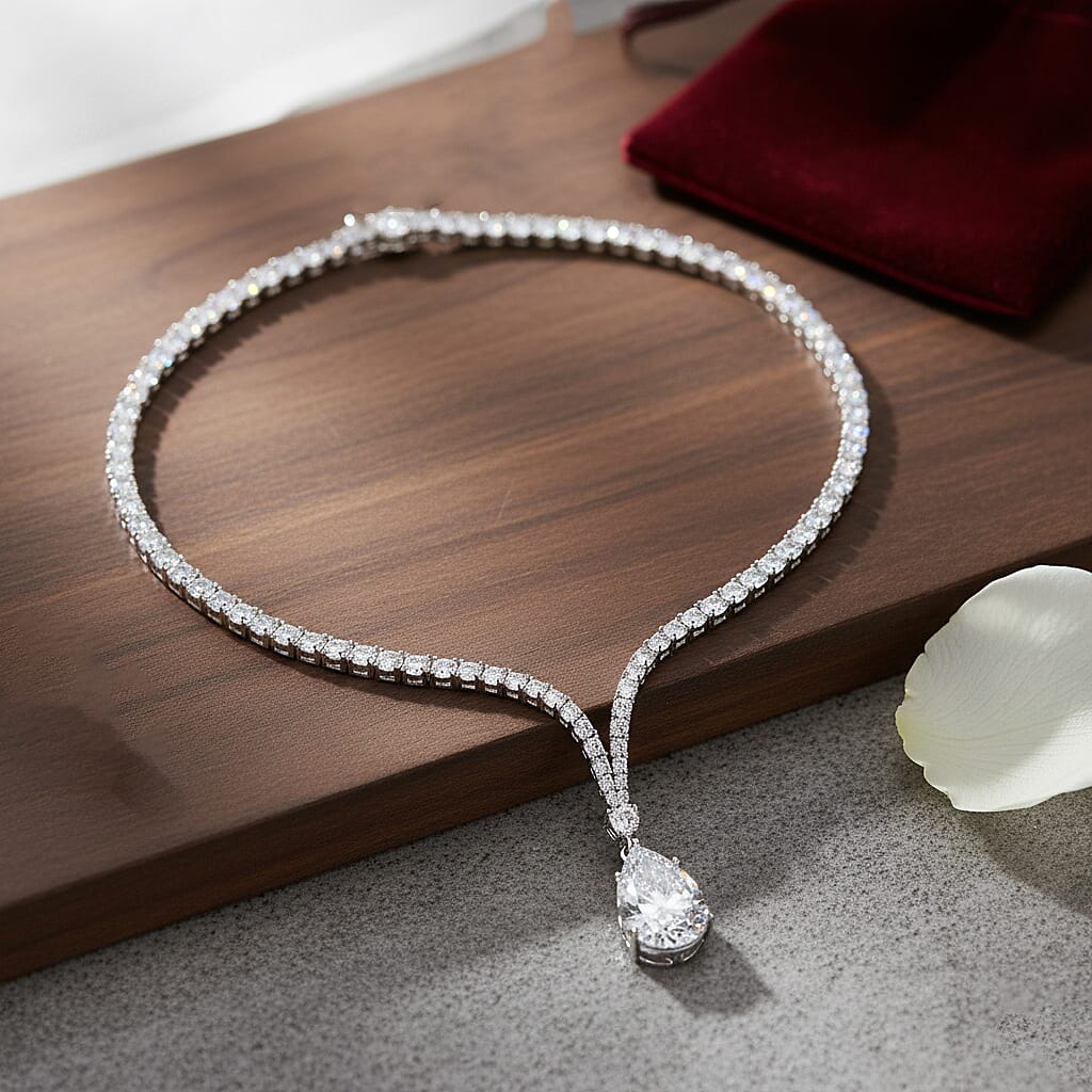  D'Joy Moissanite 59.85 ctw Celebrity Glam Tear Drop Necklace in Rhodium Over Sterling Silver 18 Inches