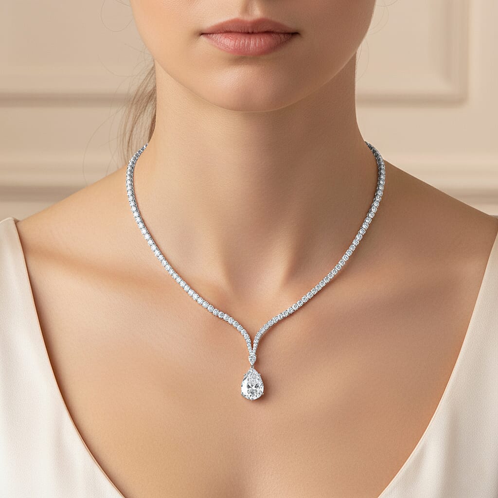  D'Joy Moissanite 59.85 ctw Celebrity Glam Tear Drop Necklace in Rhodium Over Sterling Silver 18 Inches