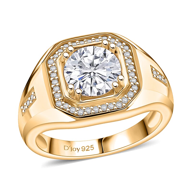 D'Joy Moissanite Halo Men's Ring in 18K Vermeil YG Over Sterling Silver 2.00 ctw (Size 10.0)