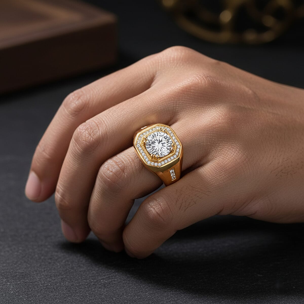 Doorbuster D'Joy Moissanite 2.00 ctw Titan’s Halo Men's Ring in 18K Vermeil Yellow Gold Over Sterling Silver (Size 10.0) image number 2