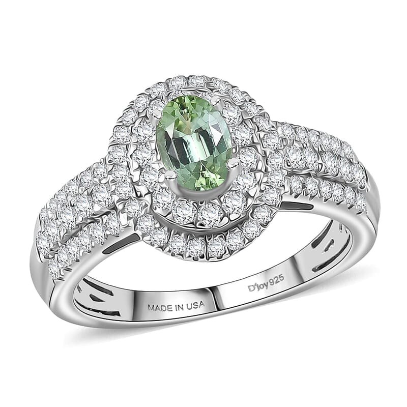 D'Joy Premium Mint Tourmaline, Moissanite Ring in Rhodium Over Sterling Silver (Size 5.0) 1.50 ctw