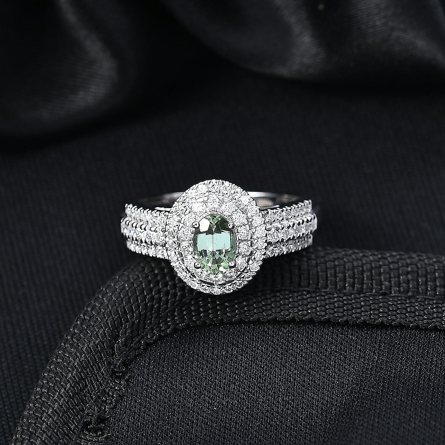 D'Joy Premium Mint Tourmaline, Moissanite Ring in Rhodium Over Sterling Silver (Size 5.0) 1.50 ctw