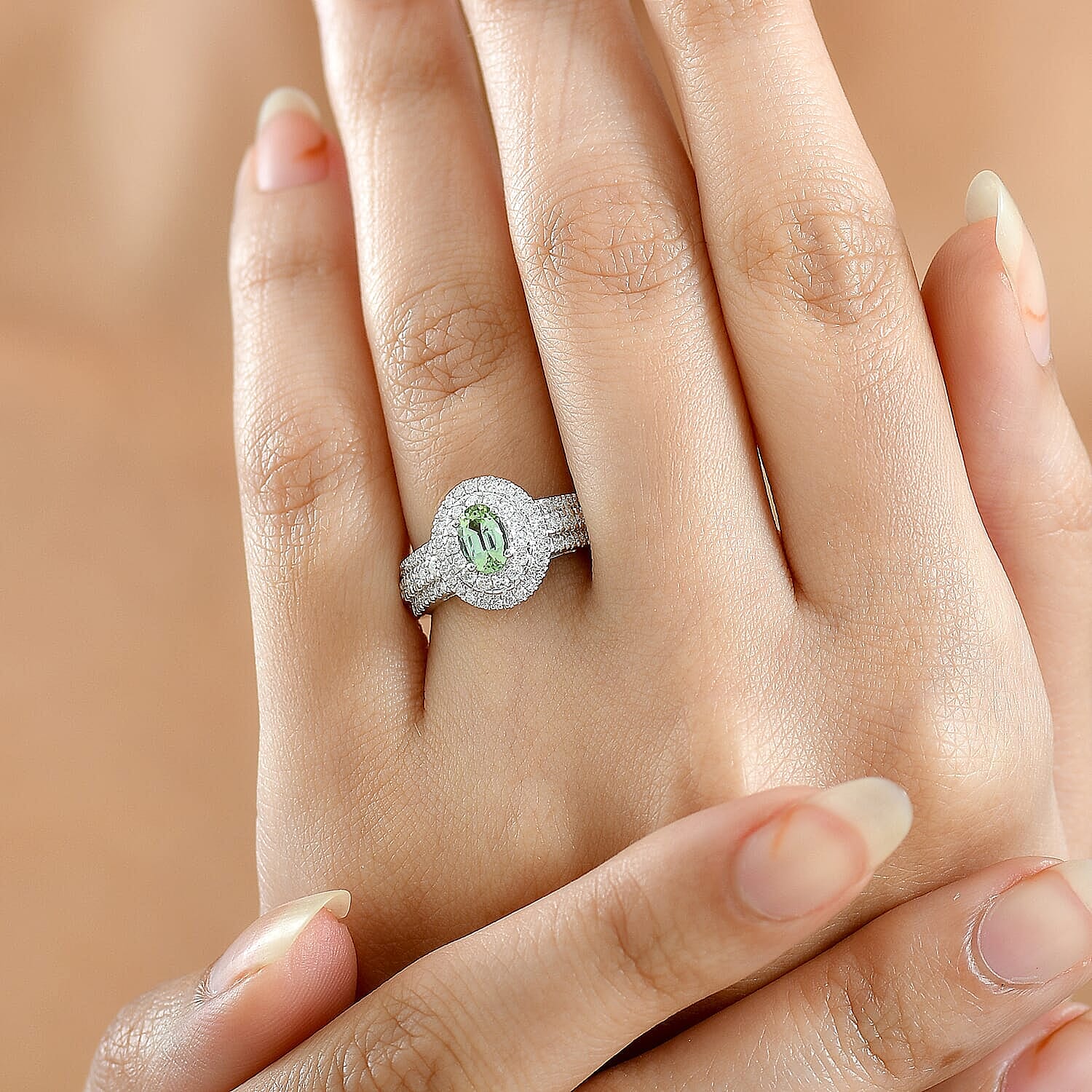 D'Joy Premium Mint Tourmaline, Moissanite Ring in Rhodium Over Sterling Silver (Size 5.0) 1.50 ctw
