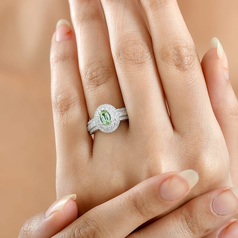 D'Joy Premium Mint Tourmaline, Moissanite Ring in Rhodium Over Sterling Silver (Size 5.0) 1.50 ctw