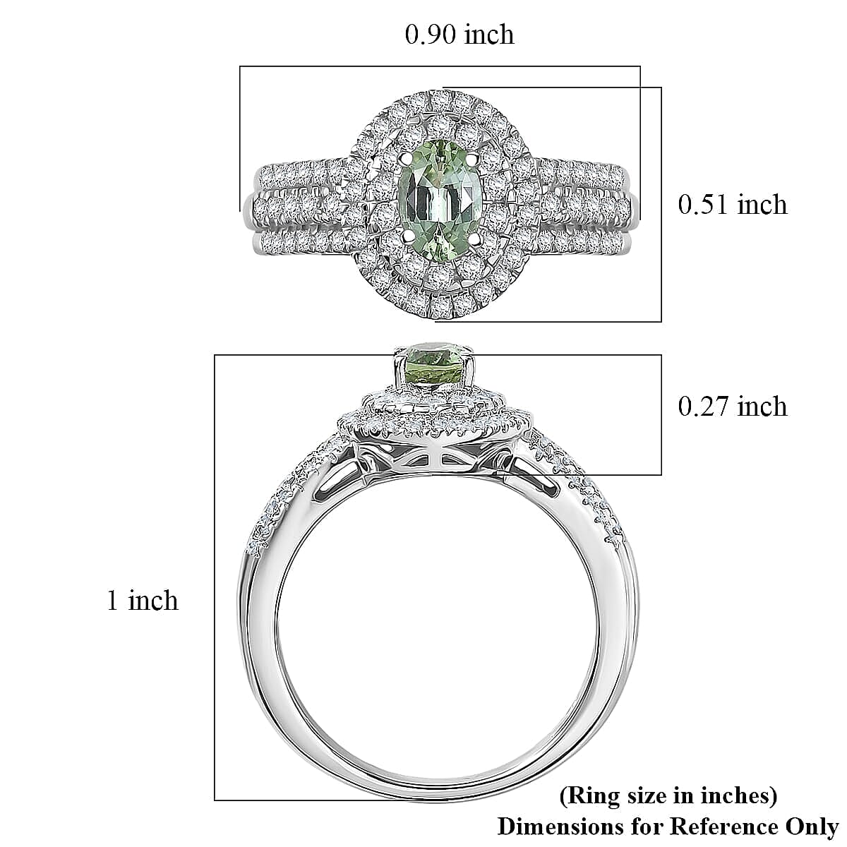 D'Joy Premium Mint Tourmaline, Moissanite Ring in Rhodium Over Sterling Silver (Size 5.0) 1.50 ctw