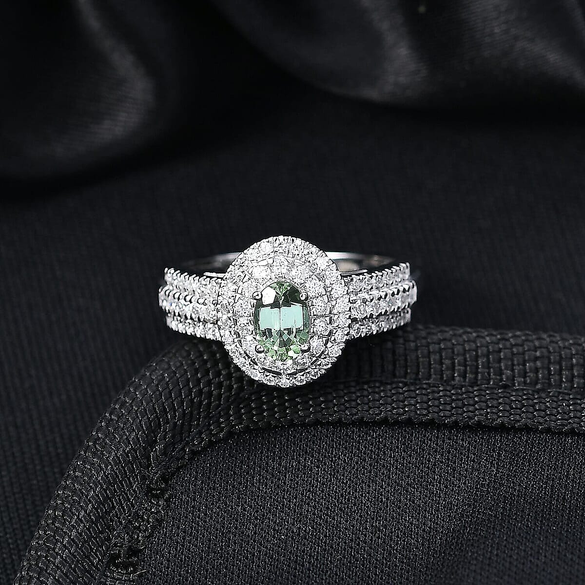 D'Joy Premium Mint Tourmaline, Moissanite Ring in Rhodium Over Sterling Silver (Size 5.0) 1.50 ctw image number 1