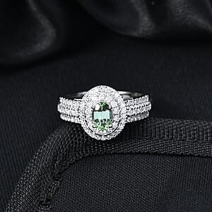 D'Joy Arquiana Mint Tourmaline, Moissanite Ring in Rhodium Over Sterling Silver 1.50 ctw (Size 7.0)