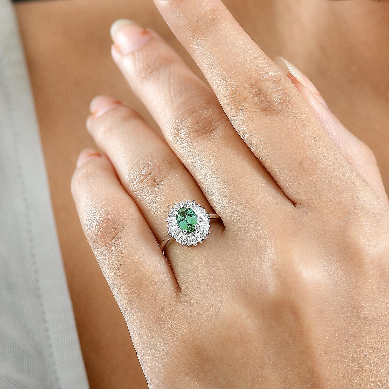 D'Joy Premium Arquiana Mint Tourmaline, White Zircon Blush Majesty Ring in Rhodium Over Sterling Silver (Size 5.0) 1.65 ctw