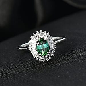 D'Joy Premium Arquiana Mint Tourmaline, White Zircon Blush Majesty Ring in Rhodium Over Sterling Silver (Size 5.0) 1.65 ctw