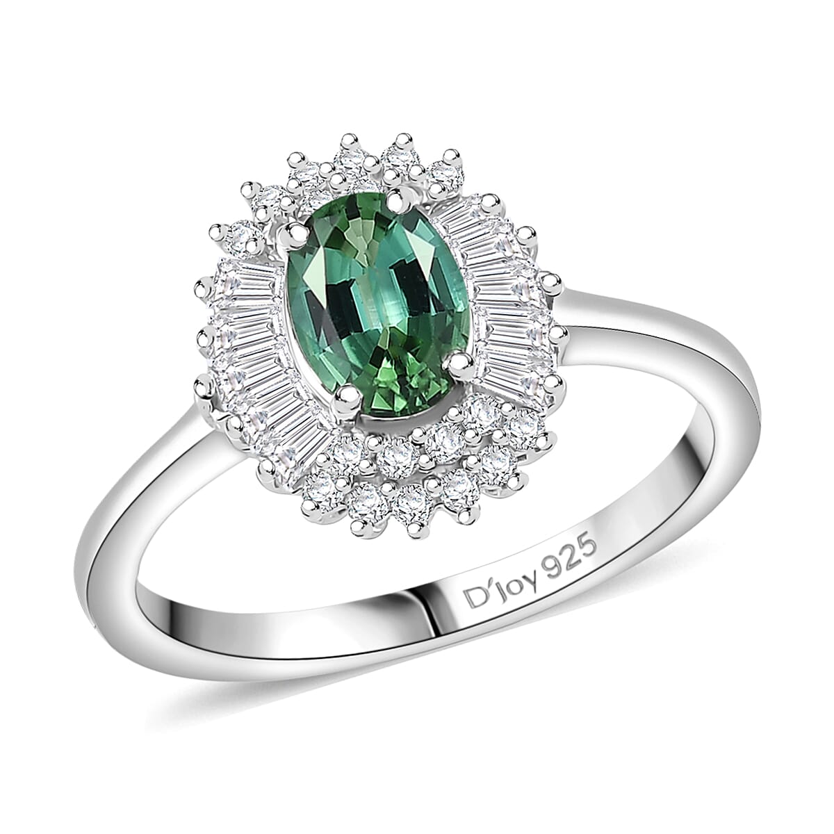 D'Joy Arquiana Mint Tourmaline, White Zircon Ring in Rhodium Over Sterling Silver 1.65 ctw (Size 7.0)