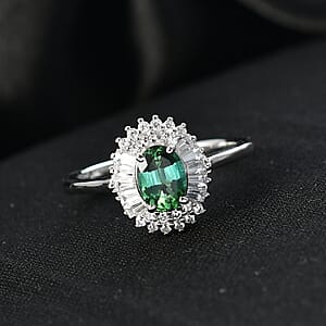 D'Joy Arquiana Mint Tourmaline, White Zircon Ring in Rhodium Over Sterling Silver 1.65 ctw (Size 9.0)