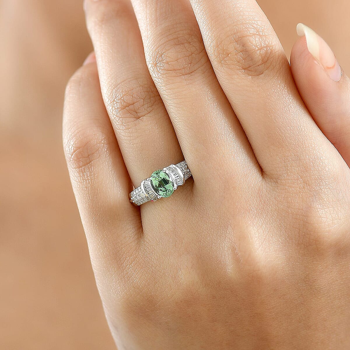 D'Joy Premium Mint Tourmaline, Diamond (0.25 cts) Ring in Rhodium Over Sterling Silver (Size 5.0) 1.10 ctw image number 2