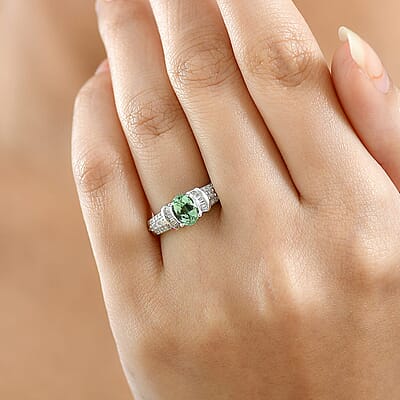 D'Joy Mint Tourmaline, Diamond Ring in Rhodium Over Sterling Silver 1.10 ctw (Size 5.0)