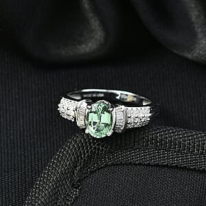 D'Joy Arquiana Mint Tourmaline, Diamond Ring in Rhodium Over Sterling Silver 1.10 ctw (Size 7.0)