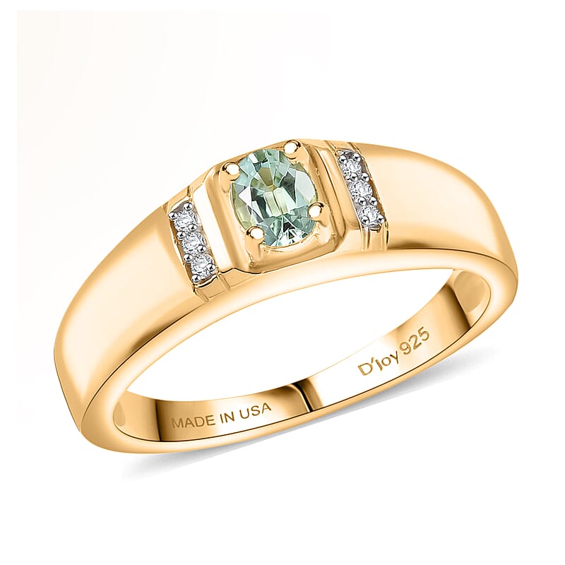 D'Joy Arquiana Mint Tourmaline, Diamond Men's Ring in 18K Vermeil YG Over Sterling Silver 0.40 ctw (Size 12.0)