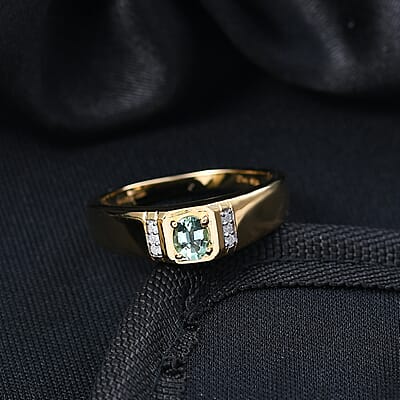 D'Joy Arquiana Mint Tourmaline, Diamond Men's Ring in 18K Vermeil YG Over Sterling Silver 0.40 ctw (Size 12.0)