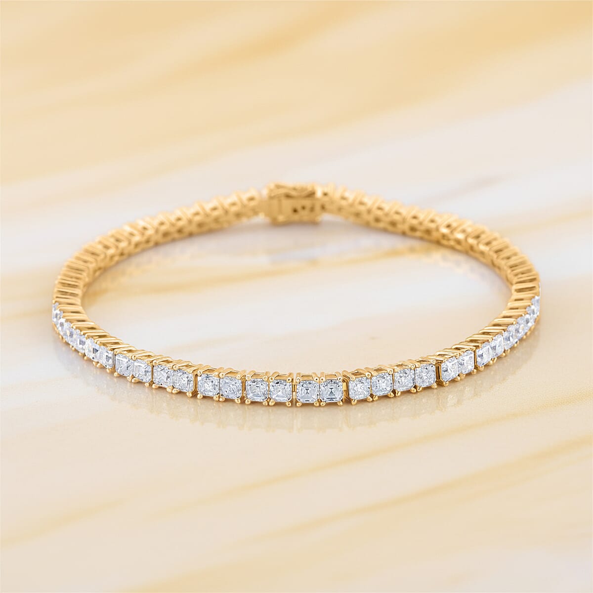 Doorbuster D'Joy Asscher Cut Moissanite 8.30 ctw Eternal Shine Line Bracelet in 18K Vermeil Yellow Gold Over Sterling Silver (7.25 In) image number 1