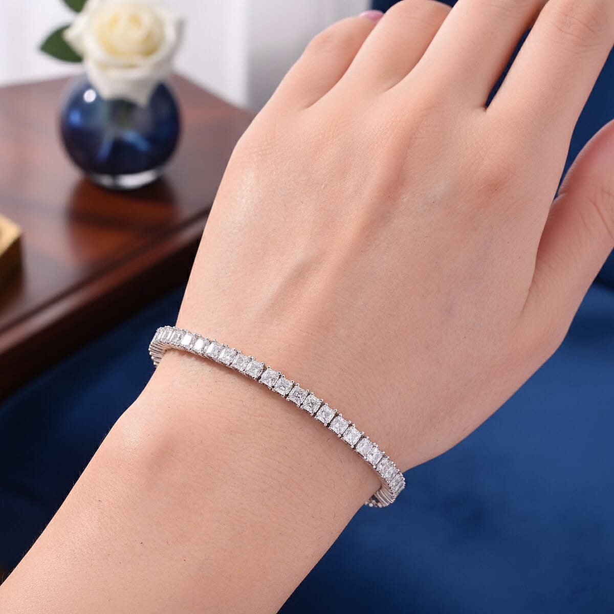 Doorbuster D'Joy Asscher Cut Moissanite 8.30 ctw Eternal Shine Line Bracelet in Rhodium Over Sterling Silver (7.25 In) image number 2