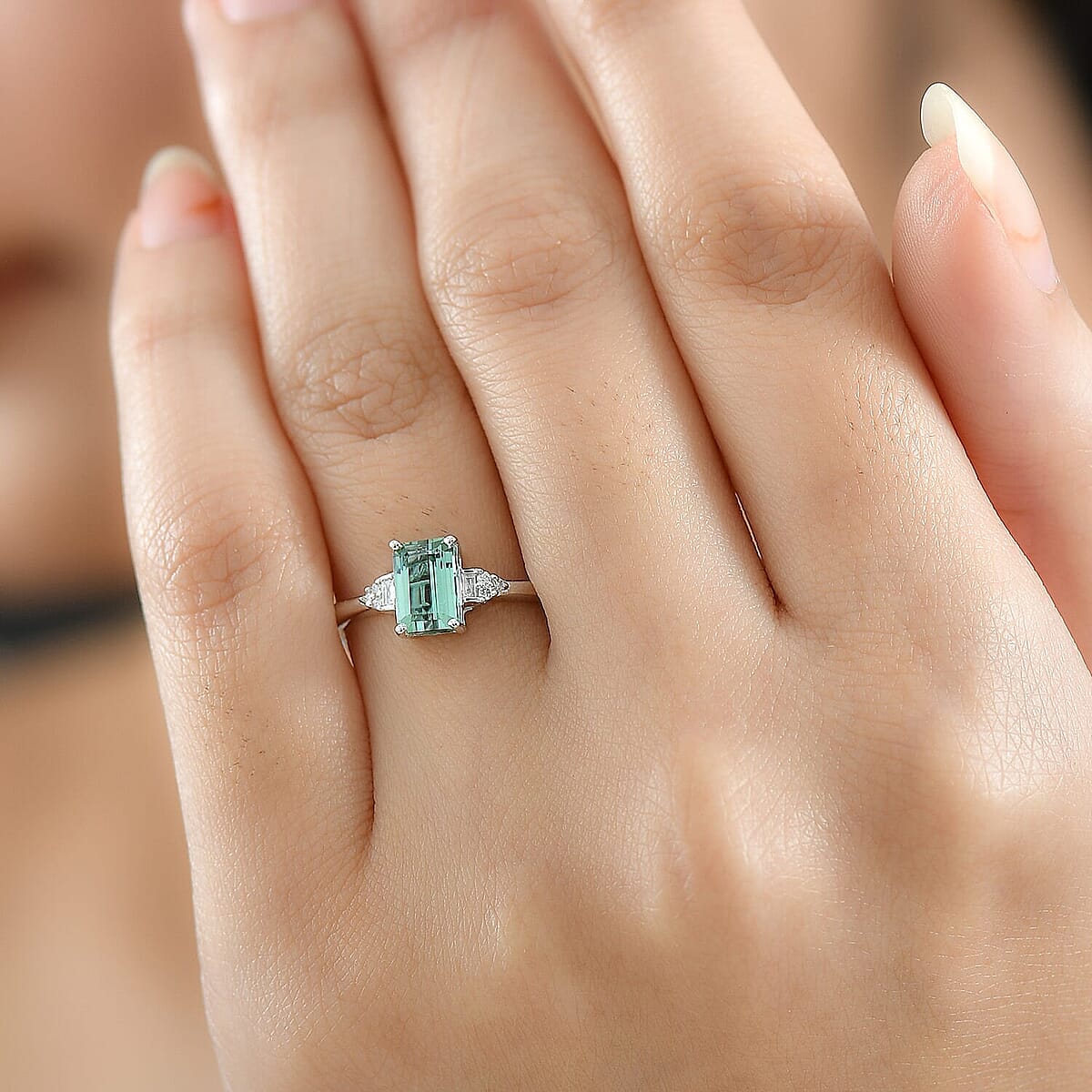 Premium Arquiana Mint Tourmaline, Luxuriant Lab Grown Diamond (G-H, SI) Blush Majesty Ring in Rhodium Over Sterling Silver (Size 6.0) 1.20 ctw image number 2