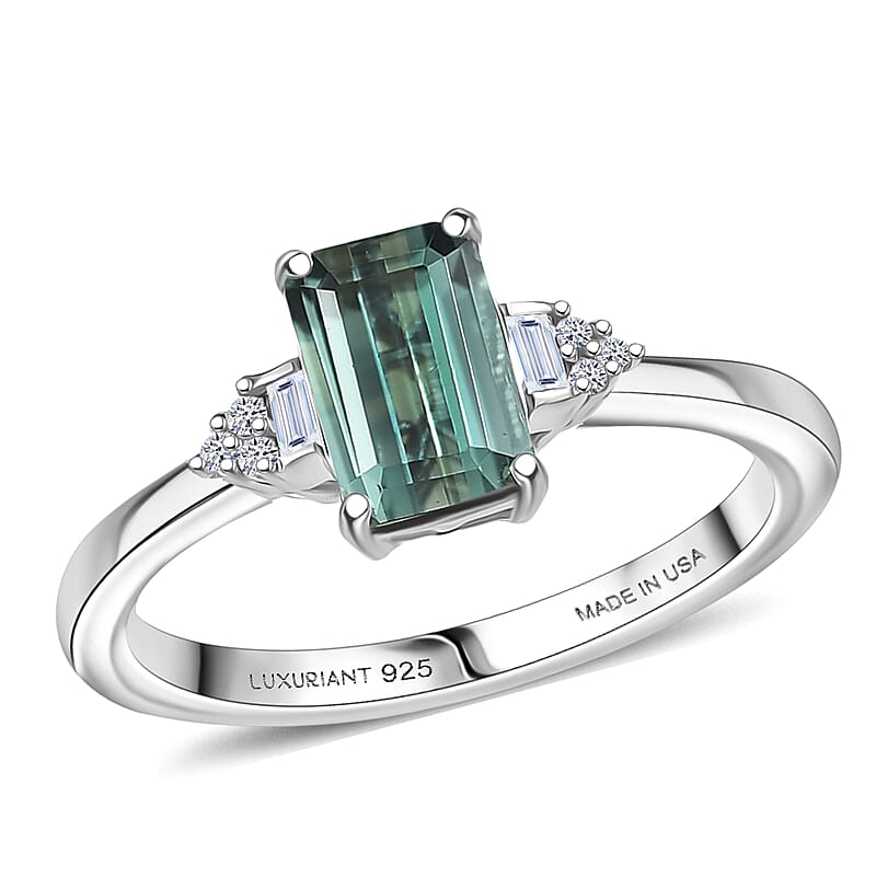 Premium Arquiana Mint Tourmaline, Luxuriant Lab Grown Diamond Ring in Rhodium Over Sterling Silver 1.20 ctw (Size 7.0)
