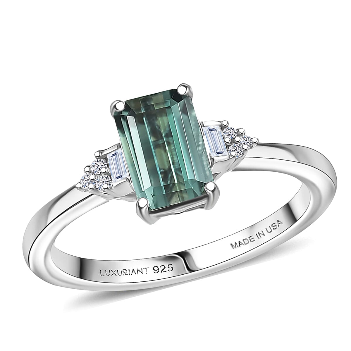 Premium Arquiana Mint Tourmaline, Luxuriant Lab Grown Diamond (G-H, SI) Blush Majesty Ring in Rhodium Over Sterling Silver (Size 6.0) 1.20 ctw