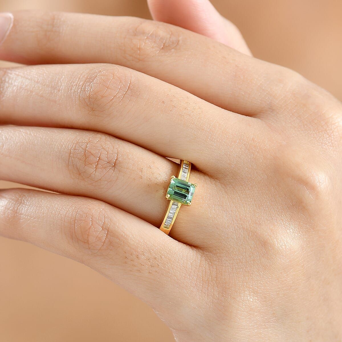 D'Joy Premium Mint Tourmaline, Diamond Ring in 18K Vermeil YG Over Sterling Silver (Size 6.0) 1.25 ctw image number 2