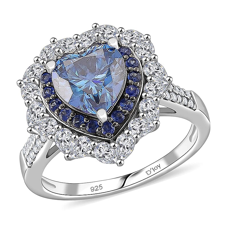  D'Joy Blue and White Moissanite and Blue Sapphire 3.10 ctw Crowned Heart Glow Ring in Rhodium Over Sterling Silver (Size 10.0)