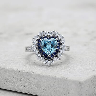  D'Joy Blue and White Moissanite and Blue Sapphire 3.10 ctw Crowned Heart Glow Ring in Rhodium Over Sterling Silver (Size 10.0)