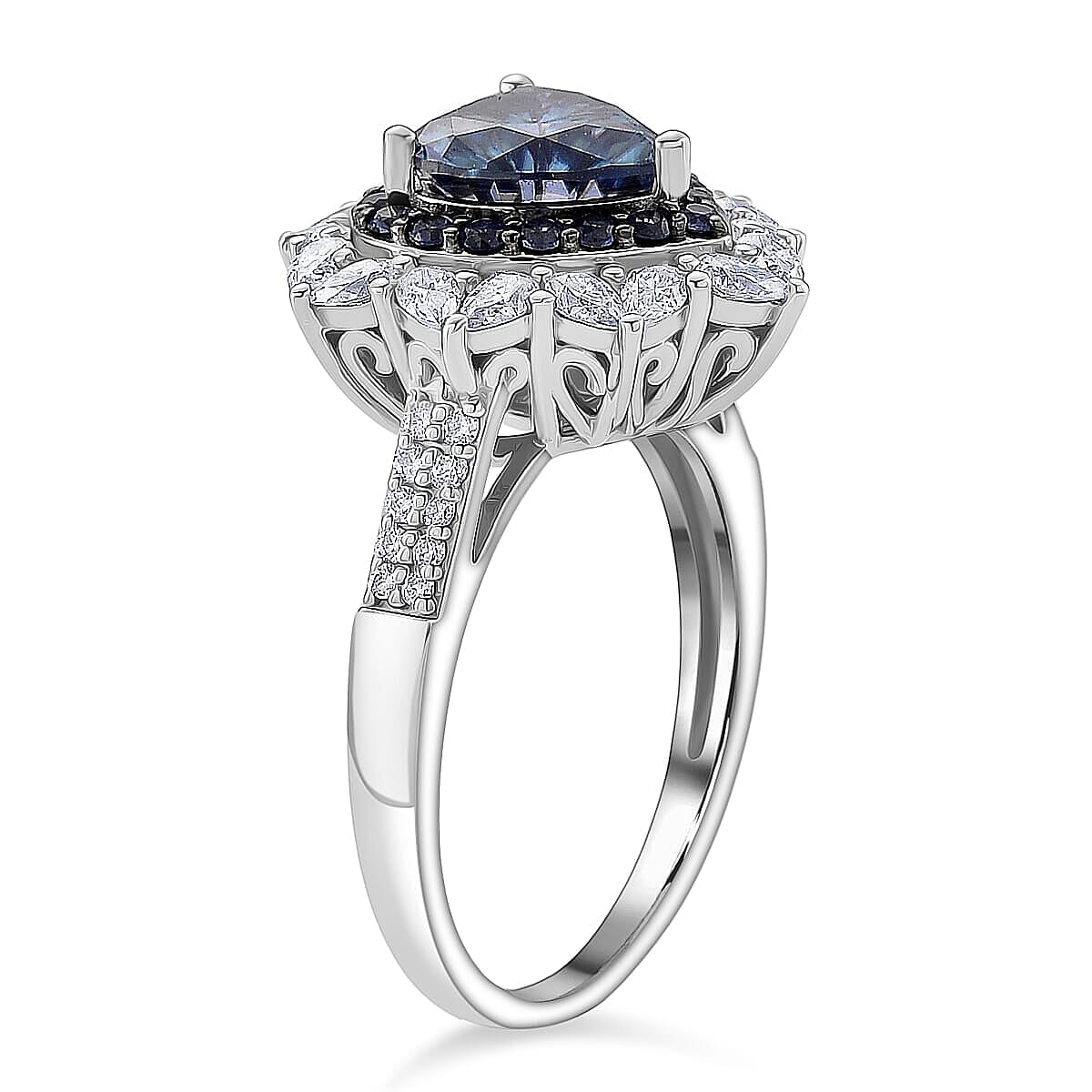  D'Joy Blue and White Moissanite and Blue Sapphire 3.10 ctw Crowned Heart Glow Ring in Rhodium Over Sterling Silver (Size 10.0)