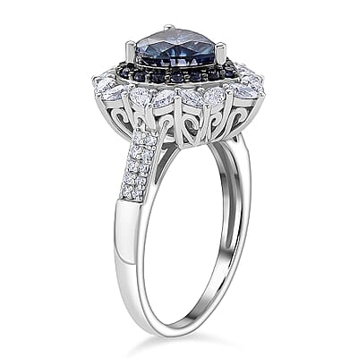  D'Joy Blue and White Moissanite and Blue Sapphire 3.10 ctw Crowned Heart Glow Ring in Rhodium Over Sterling Silver (Size 10.0)