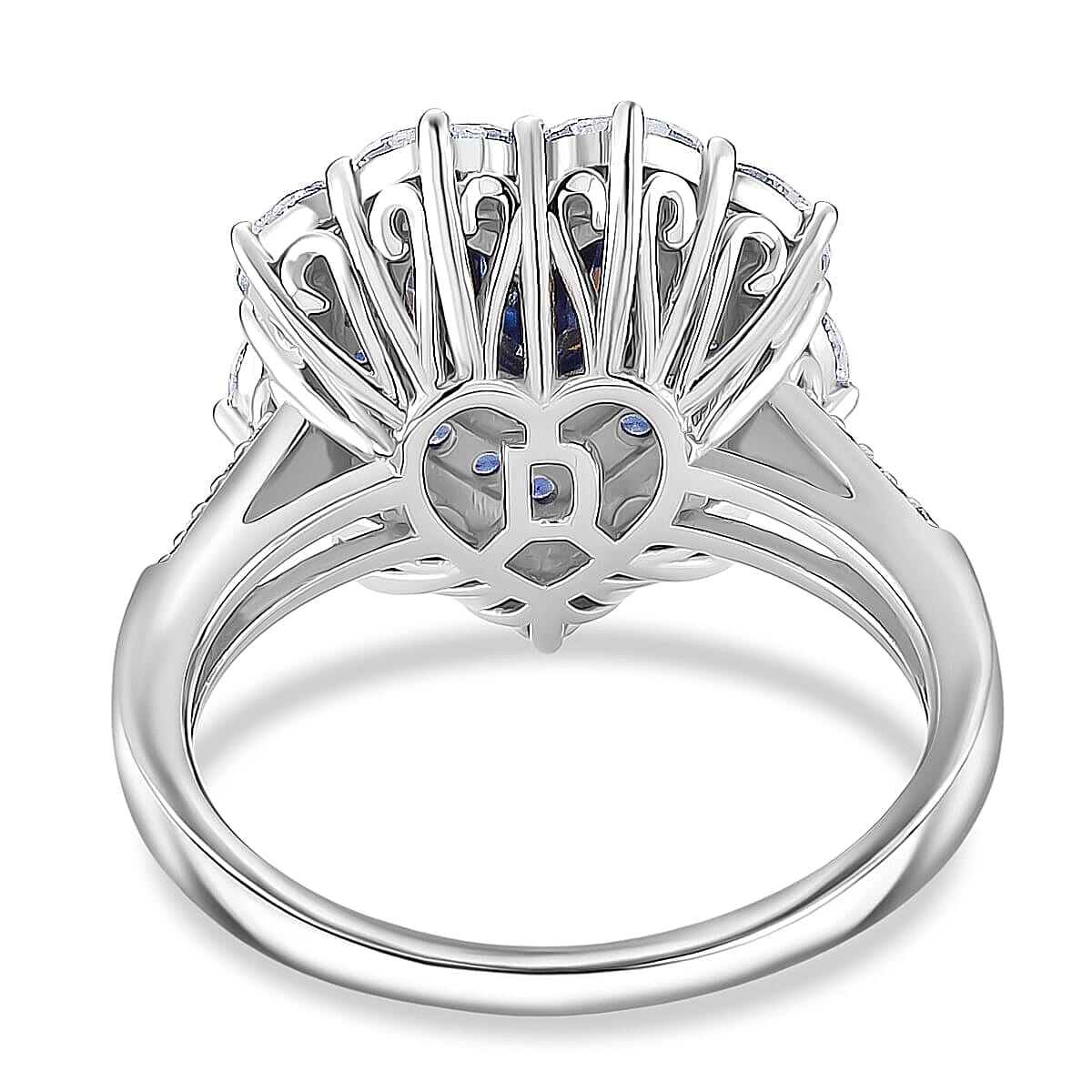  D'Joy Blue and White Moissanite and Blue Sapphire 3.10 ctw Crowned Heart Glow Ring in Rhodium Over Sterling Silver (Size 10.0)