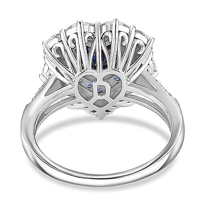  D'Joy Blue and White Moissanite and Blue Sapphire 3.10 ctw Crowned Heart Glow Ring in Rhodium Over Sterling Silver (Size 10.0)