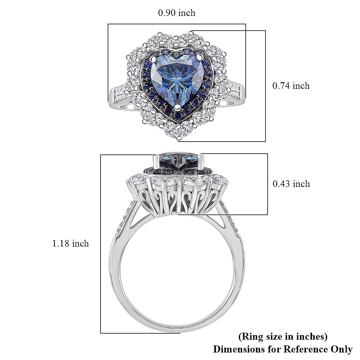  D'Joy Blue and White Moissanite and Blue Sapphire 3.10 ctw Crowned Heart Glow Ring in Rhodium Over Sterling Silver (Size 10.0)