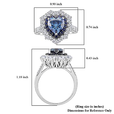  D'Joy Blue and White Moissanite and Blue Sapphire 3.10 ctw Crowned Heart Glow Ring in Rhodium Over Sterling Silver (Size 10.0)
