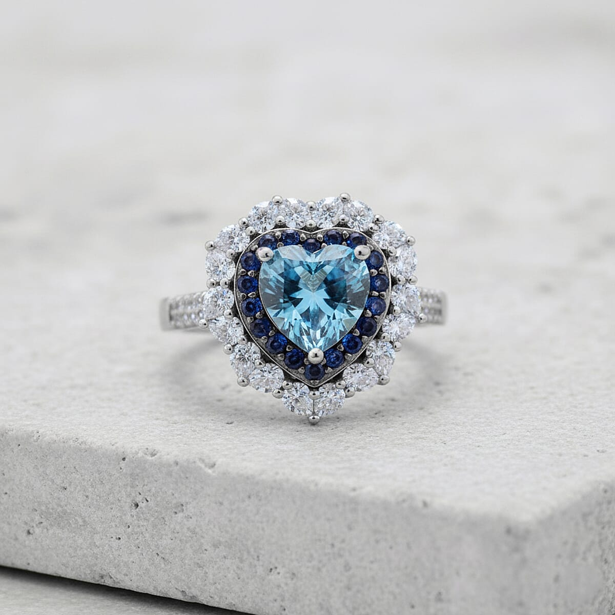 Doorbuster D'Joy Blue and White Moissanite and Blue Sapphire 3.10 ctw Crowned Heart Glow Ring in Rhodium Over Sterling Silver (Size 7.0) image number 1