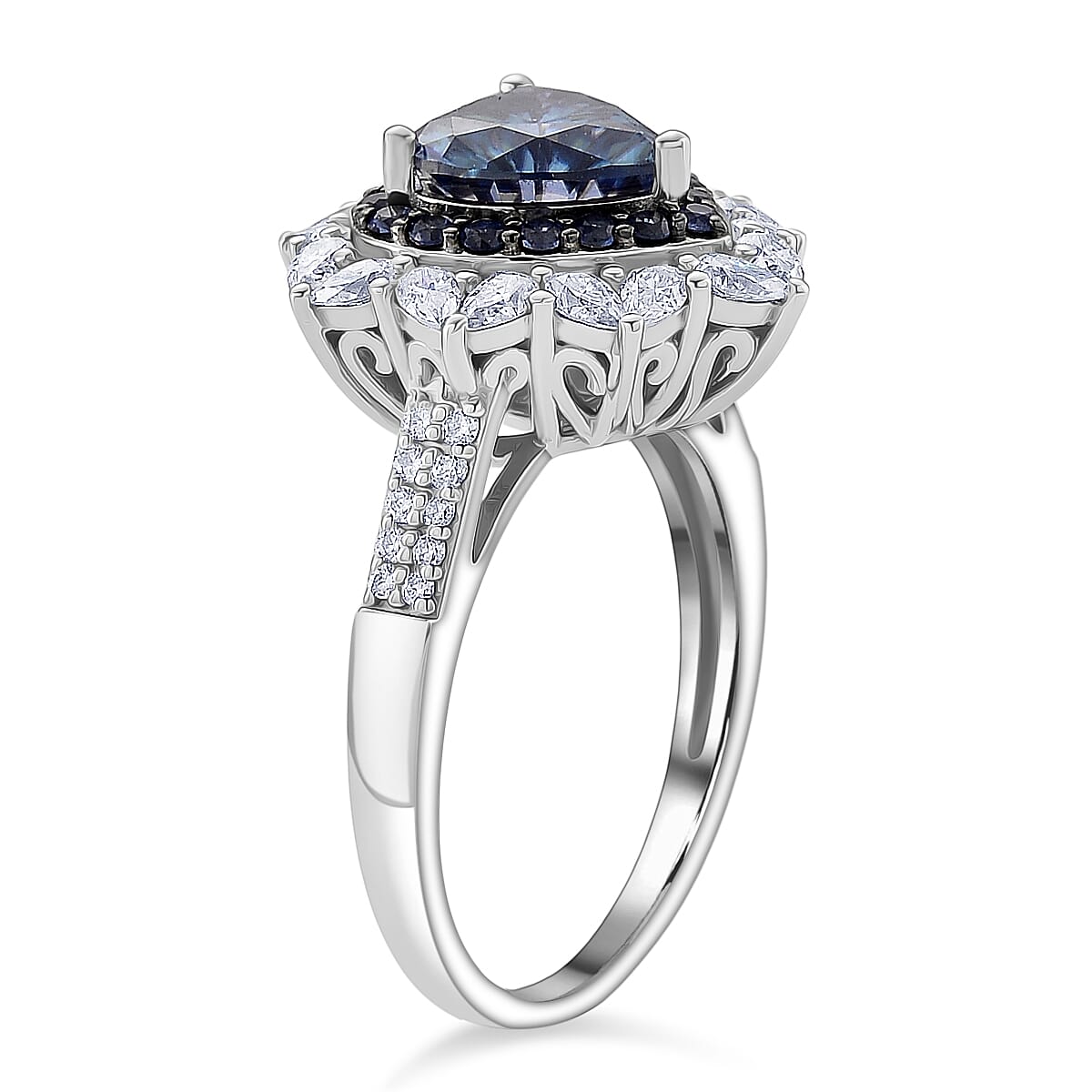 Doorbuster D'Joy Blue and White Moissanite and Blue Sapphire 3.10 ctw Crowned Heart Glow Ring in Rhodium Over Sterling Silver (Size 7.0) image number 3