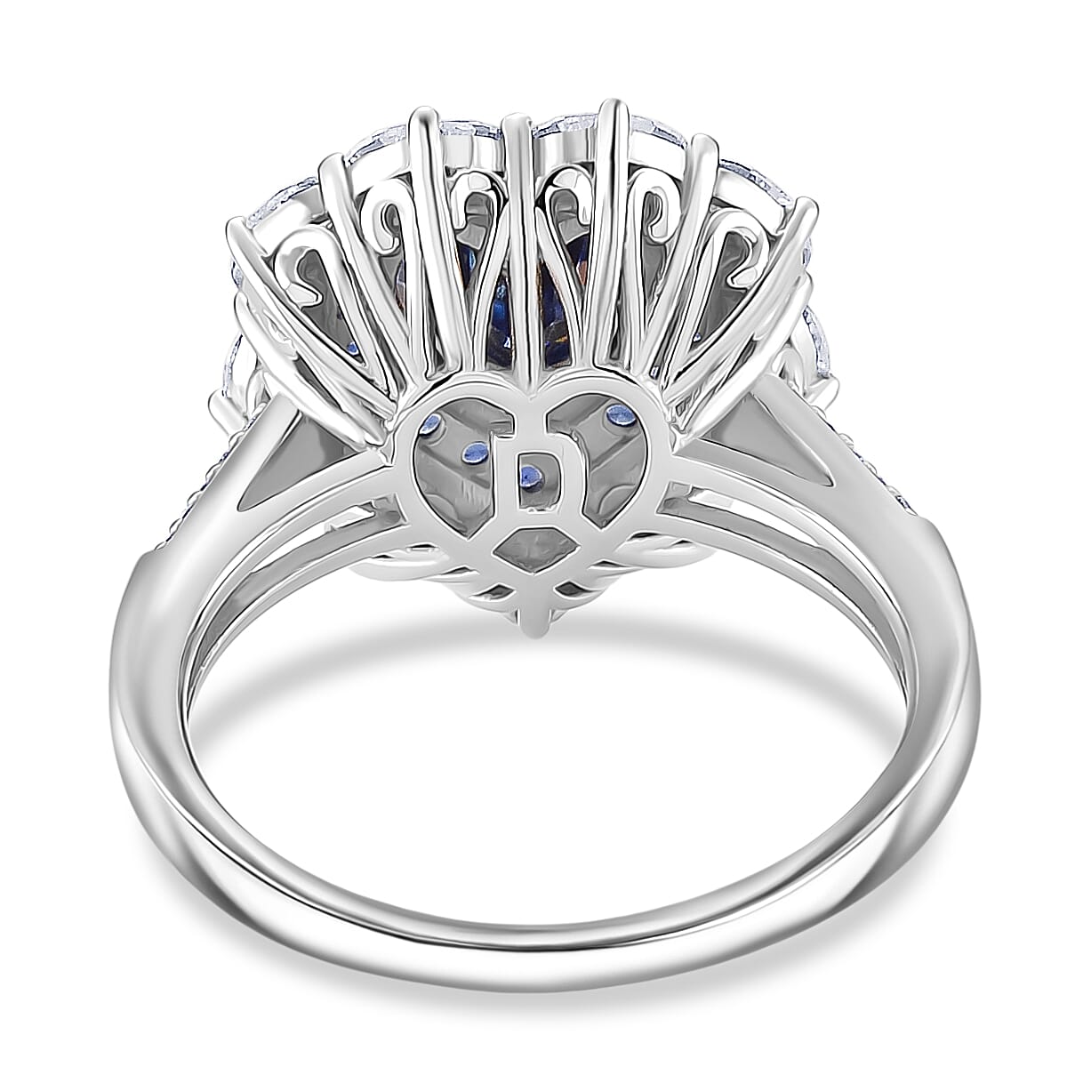 Doorbuster D'Joy Blue and White Moissanite and Blue Sapphire 3.10 ctw Crowned Heart Glow Ring in Rhodium Over Sterling Silver (Size 7.0) image number 4
