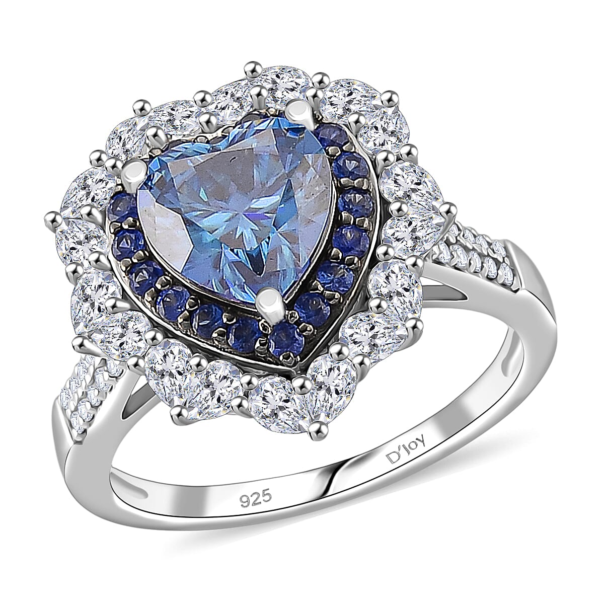 Doorbuster D'Joy Blue and White Moissanite and Blue Sapphire 3.10 ctw Crowned Heart Glow Ring in Rhodium Over Sterling Silver (Size 8.0) image number 0