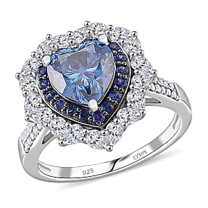 Doorbuster D'Joy Blue and White Moissanite and Blue Sapphire 3.10 ctw Crowned Heart Glow Ring in Rhodium Over Sterling Silver (Size 8.0)